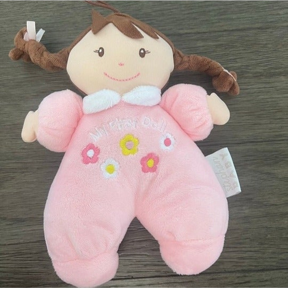 Stephan Baby My First Doll Plush Brunette Pink Floral Soft Stuffed Toy
